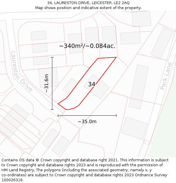 34, LAURESTON DRIVE, LEICESTER, LE2 2AQ: Plot and title map