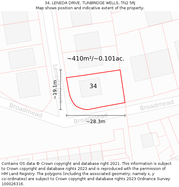 34, LENEDA DRIVE, TUNBRIDGE WELLS, TN2 5RJ: Plot and title map