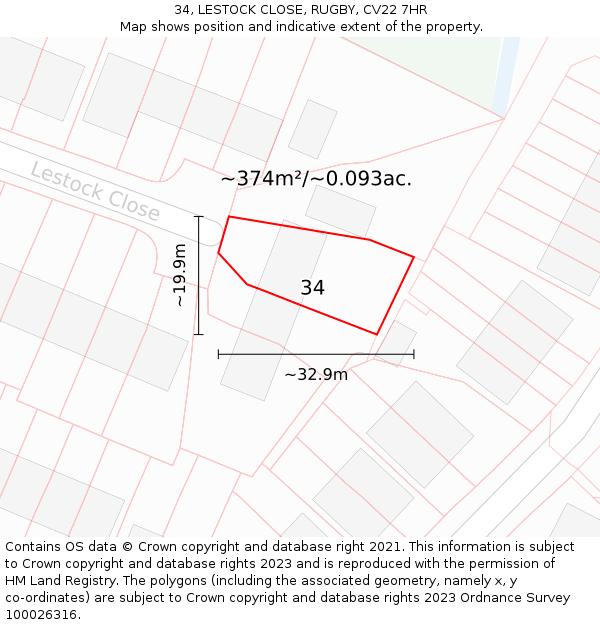 34, LESTOCK CLOSE, RUGBY, CV22 7HR: Plot and title map