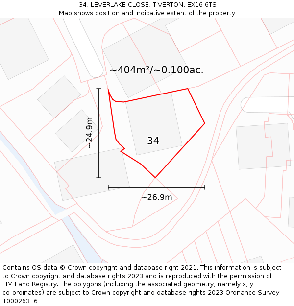 34, LEVERLAKE CLOSE, TIVERTON, EX16 6TS: Plot and title map