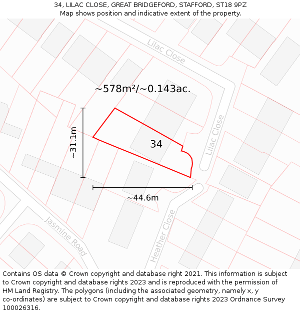 34, LILAC CLOSE, GREAT BRIDGEFORD, STAFFORD, ST18 9PZ: Plot and title map