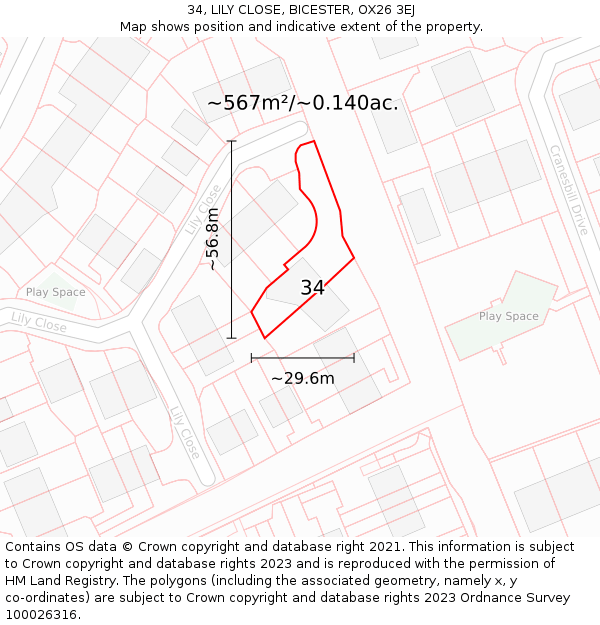 34, LILY CLOSE, BICESTER, OX26 3EJ: Plot and title map