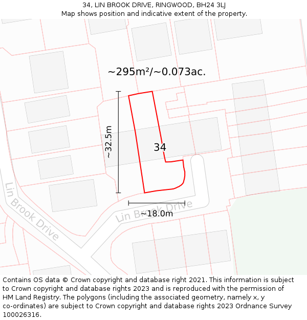 34, LIN BROOK DRIVE, RINGWOOD, BH24 3LJ: Plot and title map