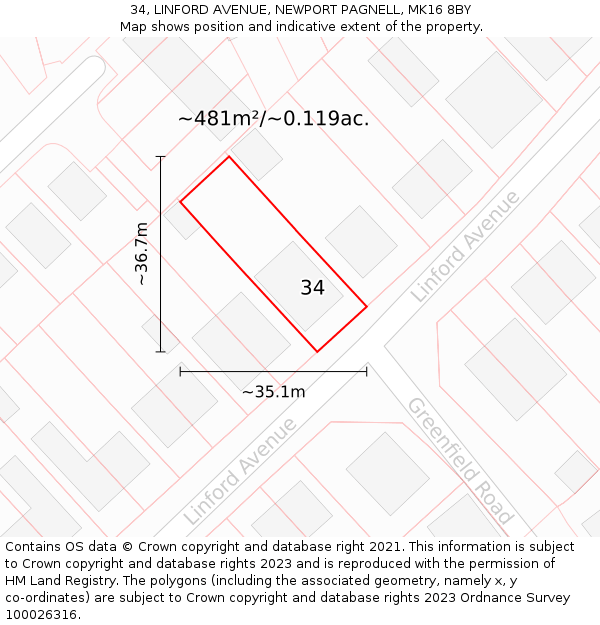 34, LINFORD AVENUE, NEWPORT PAGNELL, MK16 8BY: Plot and title map