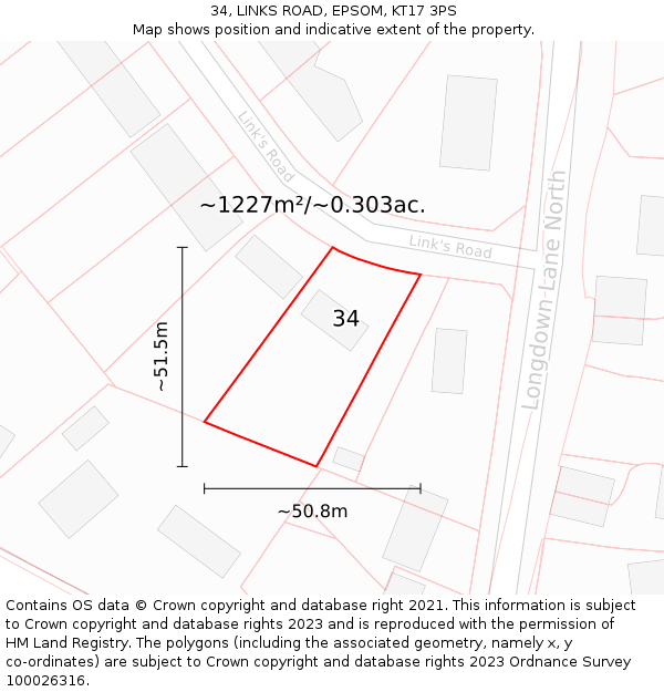 34, LINKS ROAD, EPSOM, KT17 3PS: Plot and title map