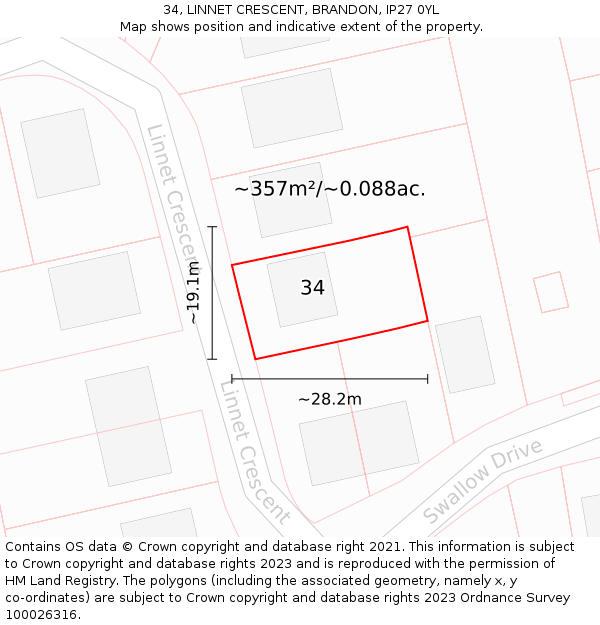 34, LINNET CRESCENT, BRANDON, IP27 0YL: Plot and title map