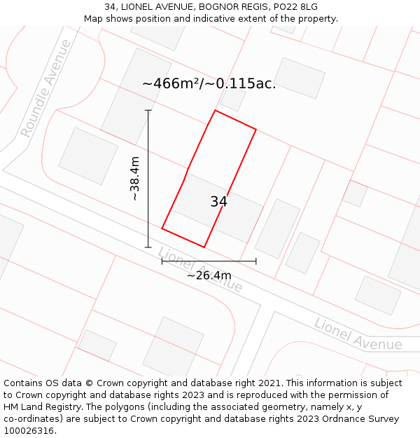 34, LIONEL AVENUE, BOGNOR REGIS, PO22 8LG: Plot and title map