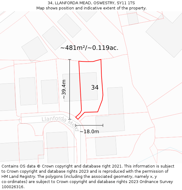 34, LLANFORDA MEAD, OSWESTRY, SY11 1TS: Plot and title map