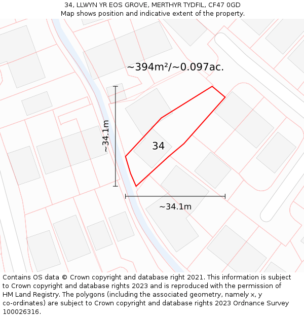 34, LLWYN YR EOS GROVE, MERTHYR TYDFIL, CF47 0GD: Plot and title map