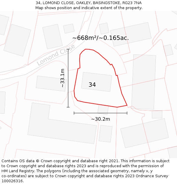 34, LOMOND CLOSE, OAKLEY, BASINGSTOKE, RG23 7NA: Plot and title map