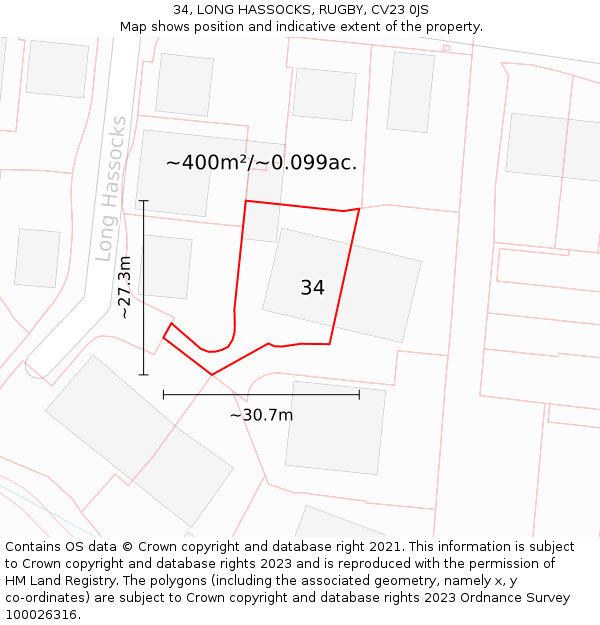 34, LONG HASSOCKS, RUGBY, CV23 0JS: Plot and title map