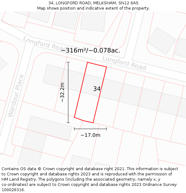 34, LONGFORD ROAD, MELKSHAM, SN12 6AS: Plot and title map