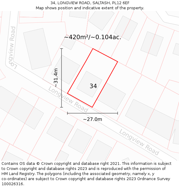 34, LONGVIEW ROAD, SALTASH, PL12 6EF: Plot and title map