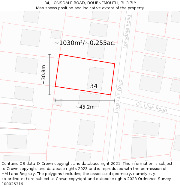 34, LONSDALE ROAD, BOURNEMOUTH, BH3 7LY: Plot and title map
