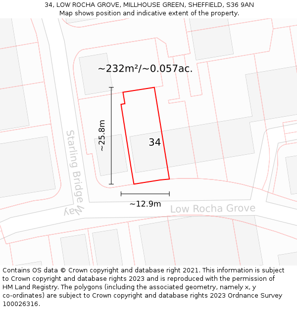 34, LOW ROCHA GROVE, MILLHOUSE GREEN, SHEFFIELD, S36 9AN: Plot and title map