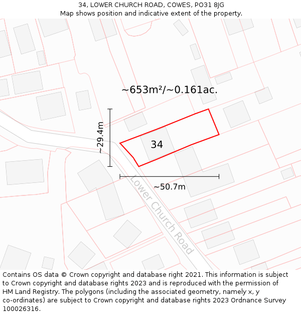 34, LOWER CHURCH ROAD, COWES, PO31 8JG: Plot and title map