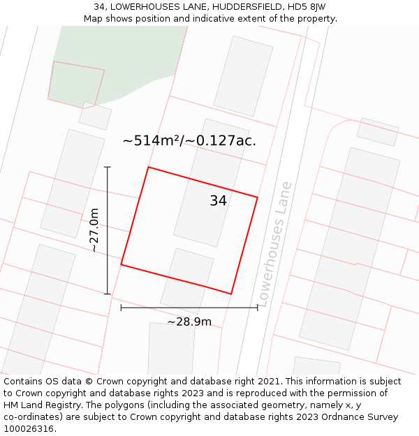 34, LOWERHOUSES LANE, HUDDERSFIELD, HD5 8JW: Plot and title map