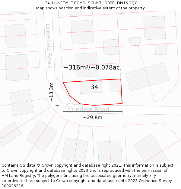 34, LUNEDALE ROAD, SCUNTHORPE, DN16 2QY: Plot and title map