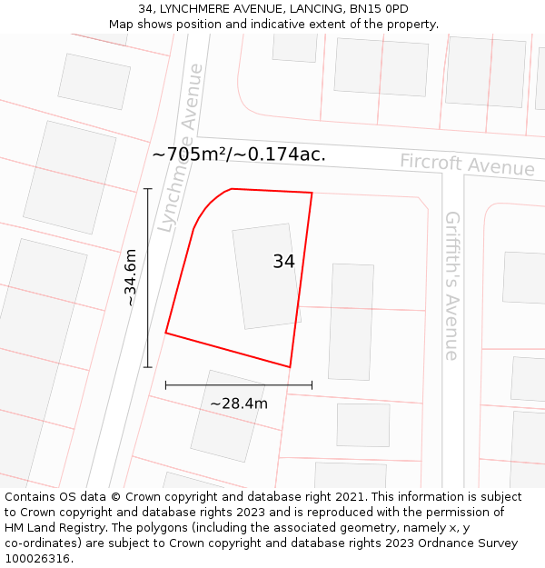 34, LYNCHMERE AVENUE, LANCING, BN15 0PD: Plot and title map