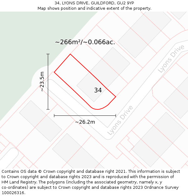 34, LYONS DRIVE, GUILDFORD, GU2 9YP: Plot and title map