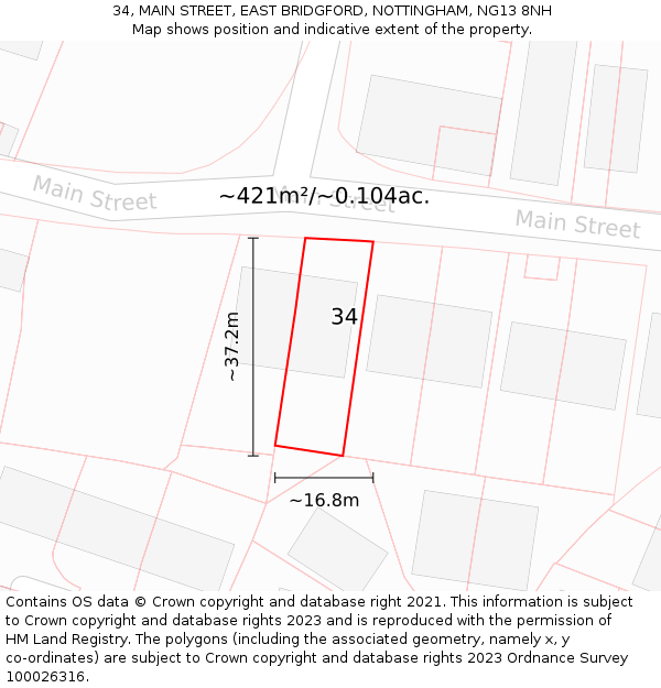 34, MAIN STREET, EAST BRIDGFORD, NOTTINGHAM, NG13 8NH: Plot and title map