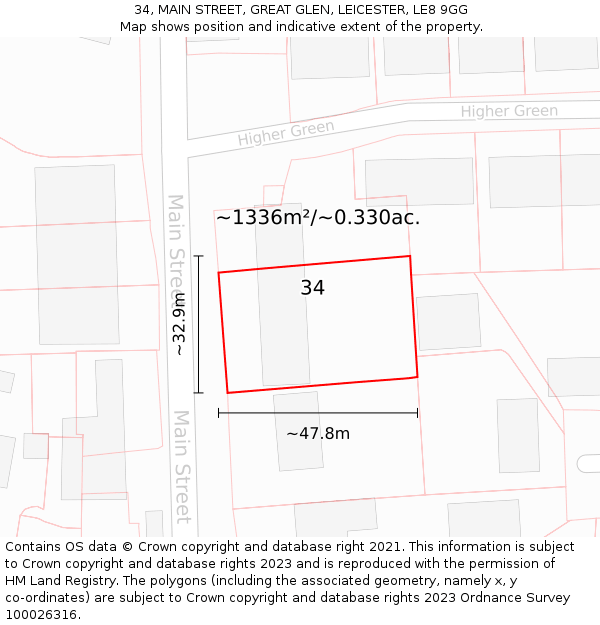 34, MAIN STREET, GREAT GLEN, LEICESTER, LE8 9GG: Plot and title map
