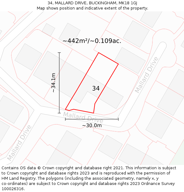 34, MALLARD DRIVE, BUCKINGHAM, MK18 1GJ: Plot and title map