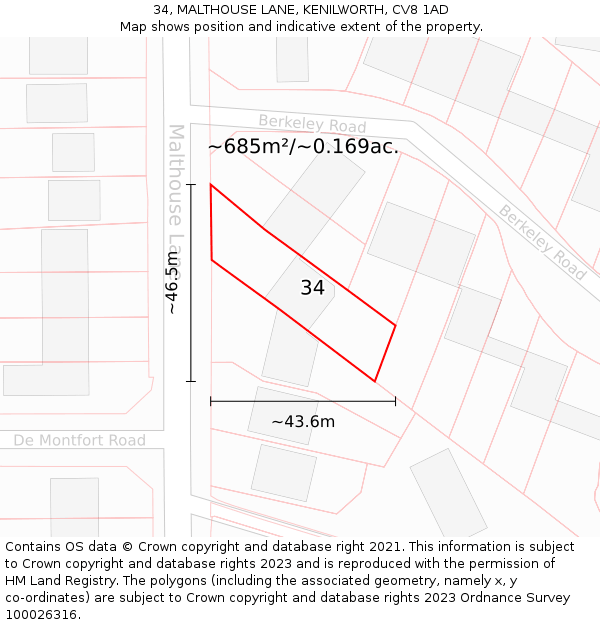 34, MALTHOUSE LANE, KENILWORTH, CV8 1AD: Plot and title map