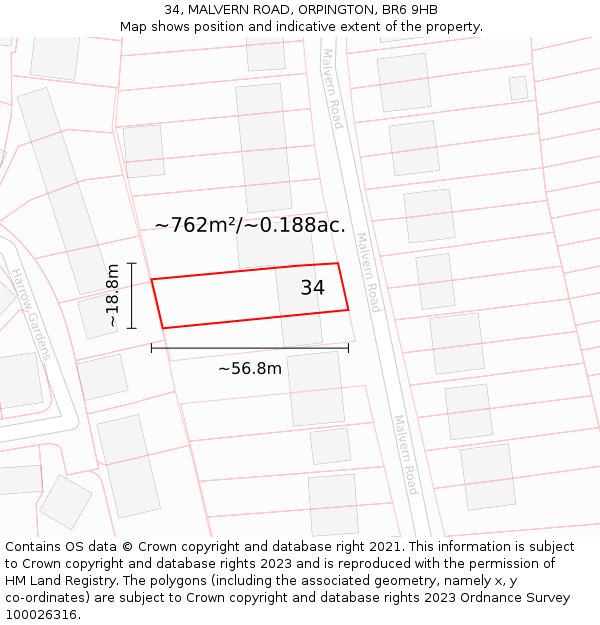 34, MALVERN ROAD, ORPINGTON, BR6 9HB: Plot and title map