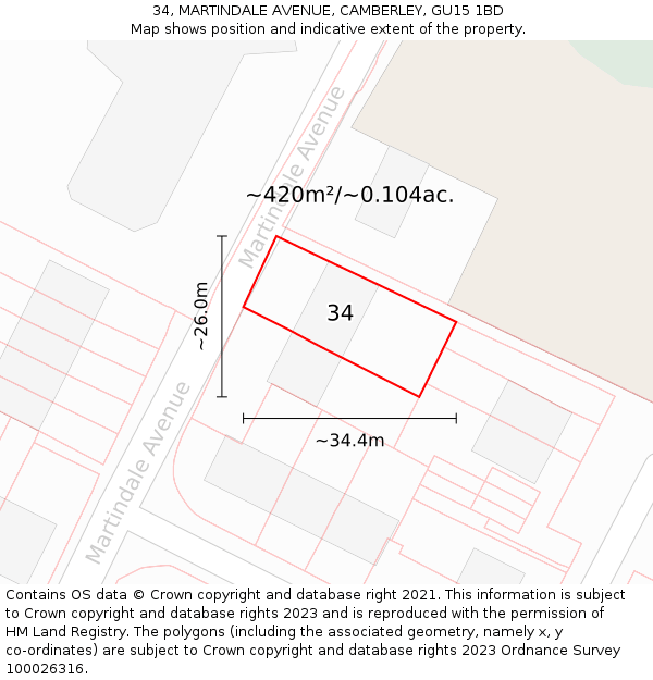 34, MARTINDALE AVENUE, CAMBERLEY, GU15 1BD: Plot and title map