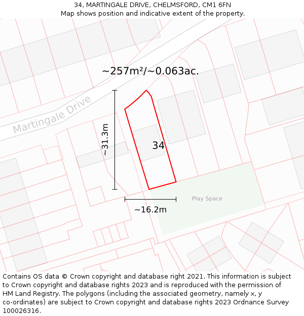 34, MARTINGALE DRIVE, CHELMSFORD, CM1 6FN: Plot and title map