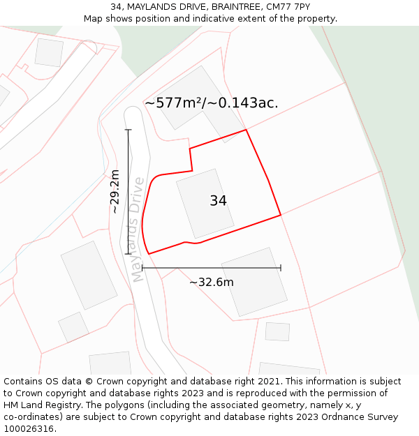 34, MAYLANDS DRIVE, BRAINTREE, CM77 7PY: Plot and title map