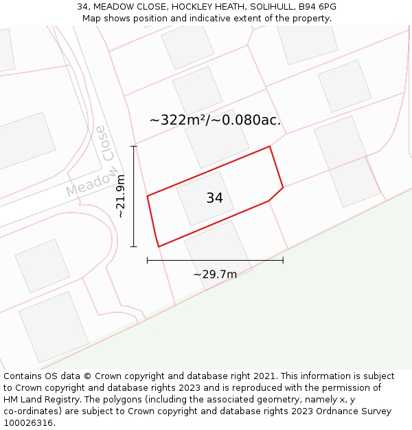 34, MEADOW CLOSE, HOCKLEY HEATH, SOLIHULL, B94 6PG: Plot and title map