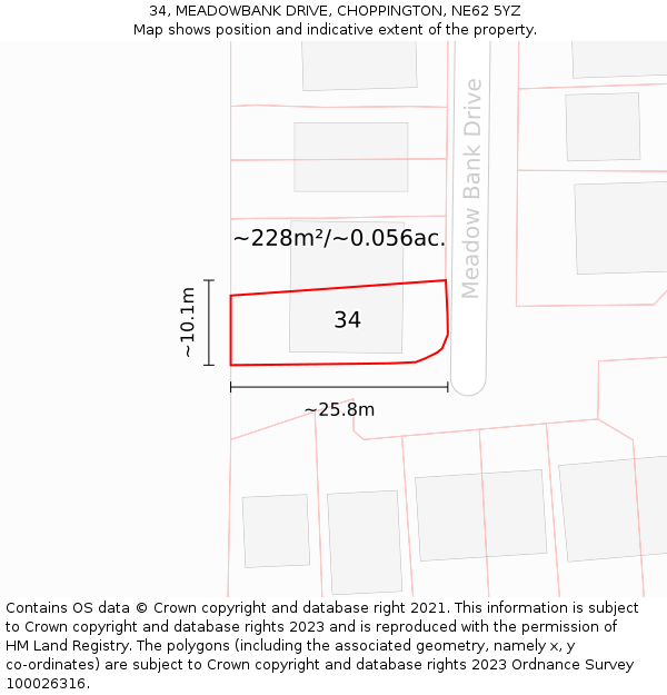 34, MEADOWBANK DRIVE, CHOPPINGTON, NE62 5YZ: Plot and title map