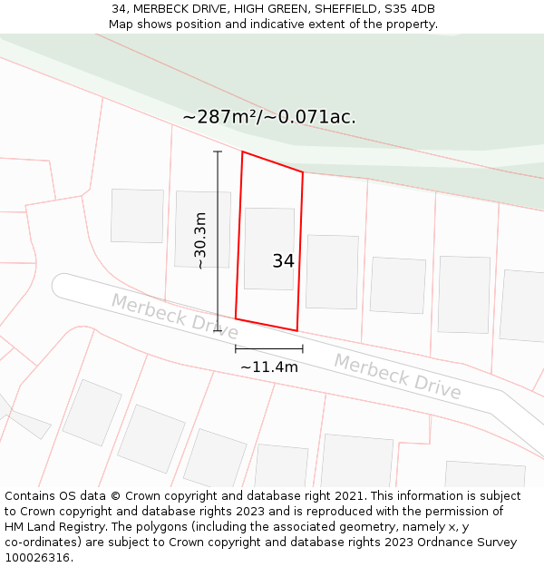 34, MERBECK DRIVE, HIGH GREEN, SHEFFIELD, S35 4DB: Plot and title map