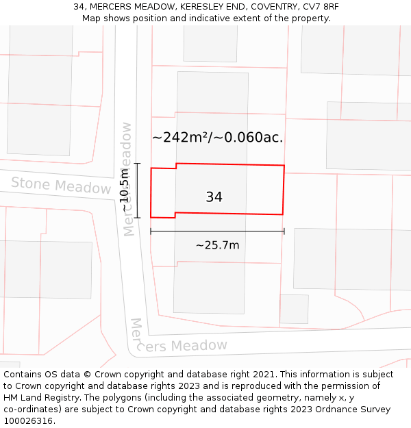 34, MERCERS MEADOW, KERESLEY END, COVENTRY, CV7 8RF: Plot and title map