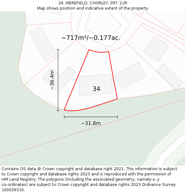 34, MEREFIELD, CHORLEY, PR7 1UR: Plot and title map