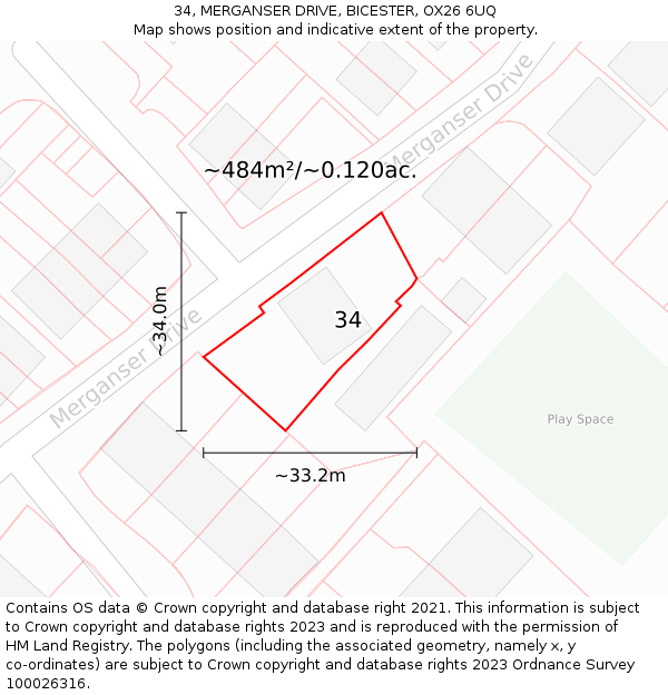 34, MERGANSER DRIVE, BICESTER, OX26 6UQ: Plot and title map