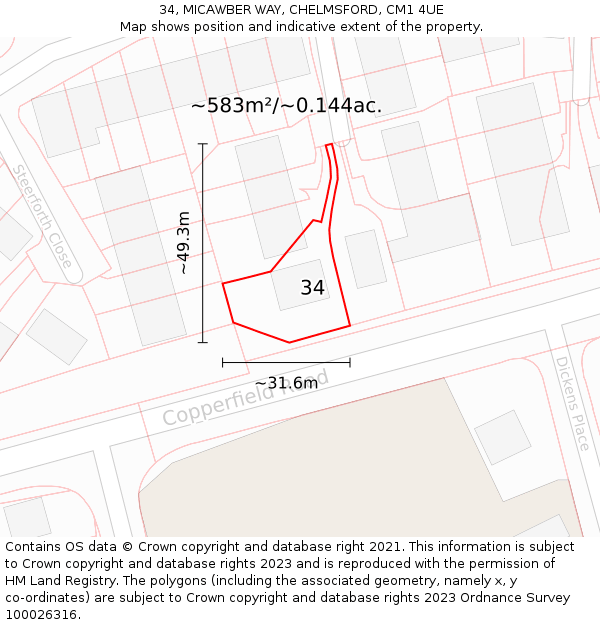 34, MICAWBER WAY, CHELMSFORD, CM1 4UE: Plot and title map