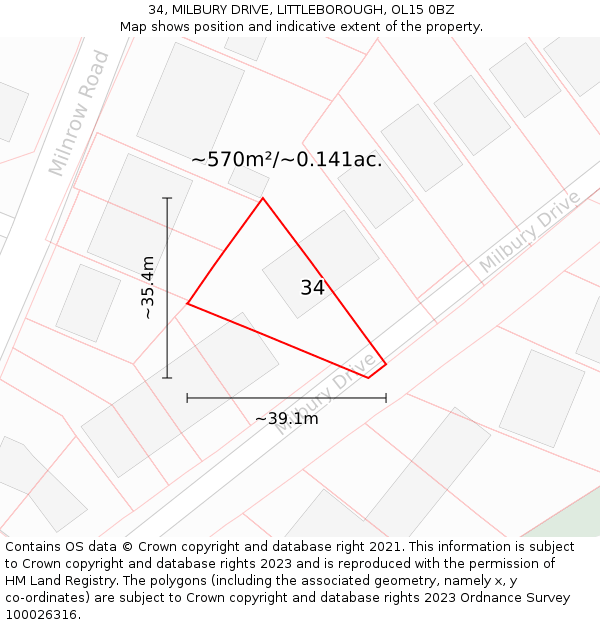 34, MILBURY DRIVE, LITTLEBOROUGH, OL15 0BZ: Plot and title map