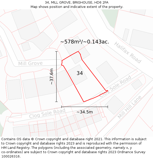 34, MILL GROVE, BRIGHOUSE, HD6 2FA: Plot and title map