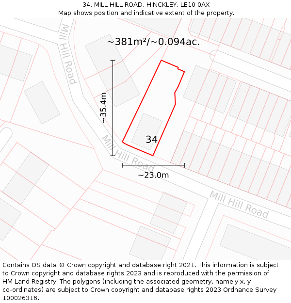 34, MILL HILL ROAD, HINCKLEY, LE10 0AX: Plot and title map