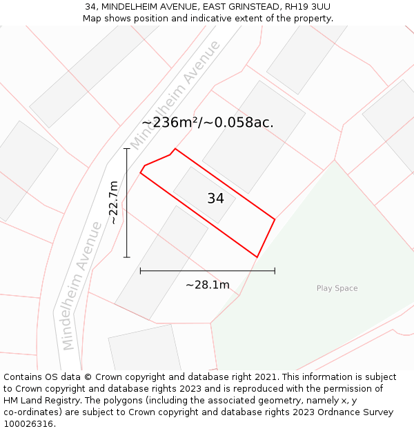 34, MINDELHEIM AVENUE, EAST GRINSTEAD, RH19 3UU: Plot and title map