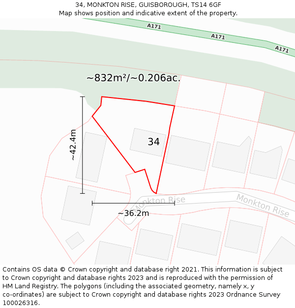 34, MONKTON RISE, GUISBOROUGH, TS14 6GF: Plot and title map