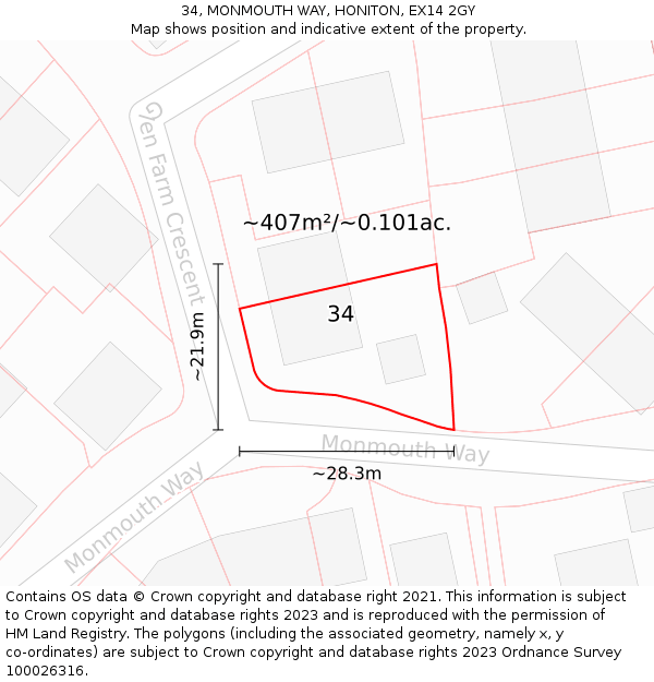 34, MONMOUTH WAY, HONITON, EX14 2GY: Plot and title map