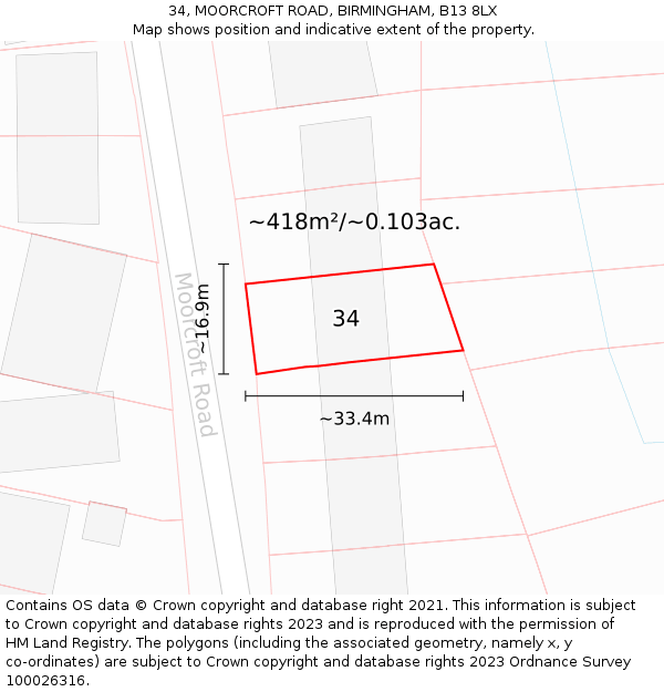 34, MOORCROFT ROAD, BIRMINGHAM, B13 8LX: Plot and title map