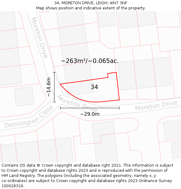 34, MORETON DRIVE, LEIGH, WN7 3NF: Plot and title map