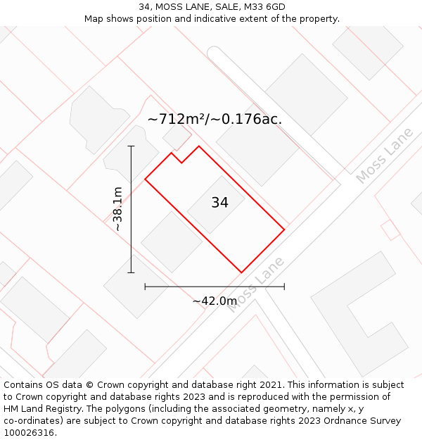 34, MOSS LANE, SALE, M33 6GD: Plot and title map