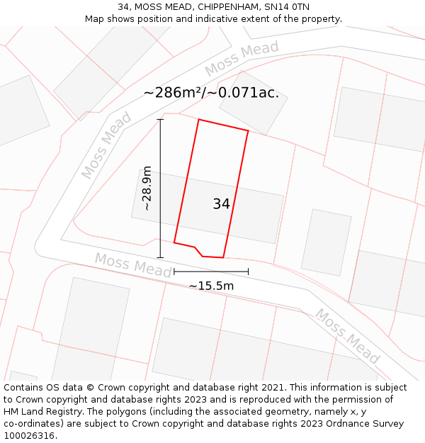 34, MOSS MEAD, CHIPPENHAM, SN14 0TN: Plot and title map