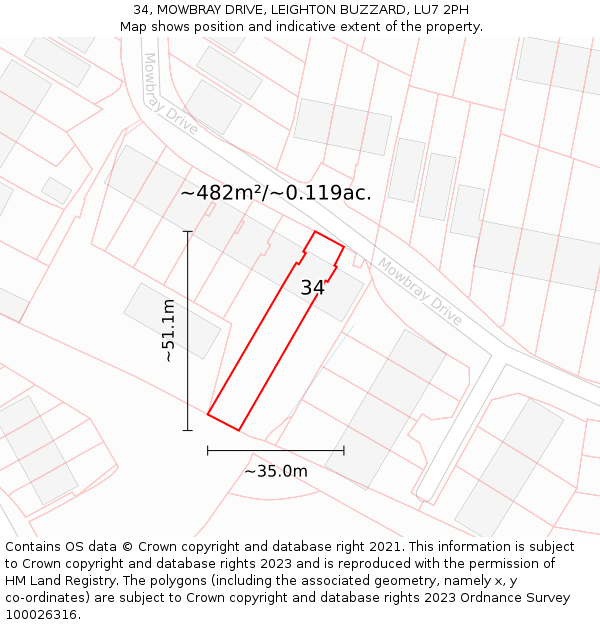 34, MOWBRAY DRIVE, LEIGHTON BUZZARD, LU7 2PH: Plot and title map